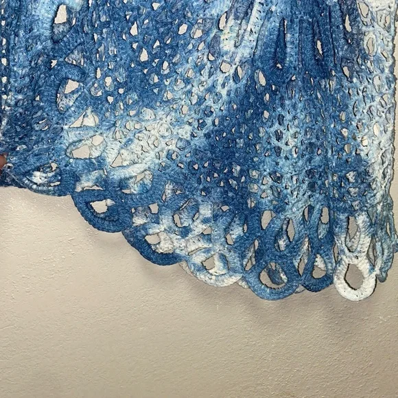 Boston Proper Blue White Open Stitch Crochet V-Neck Sweater 3625 - Picture 5 of 10